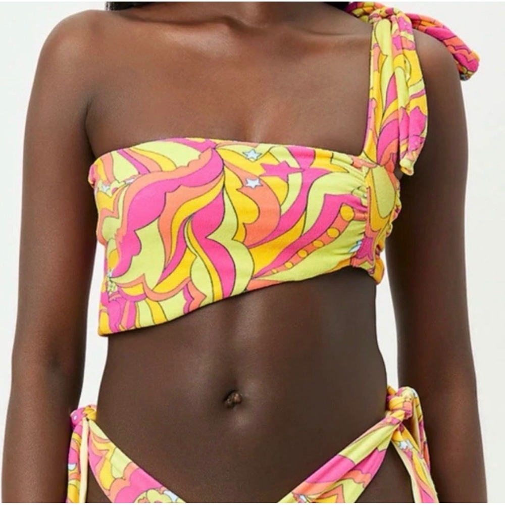 Frankies‎ Bikinis Top Womens L Pink Yellow Terry Cloth Psychedelic Retro Flawed*